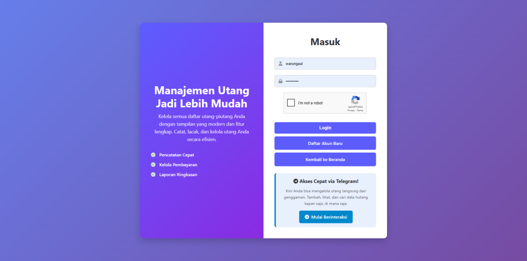 Tampilan antarmuka bot telegram utang piutang